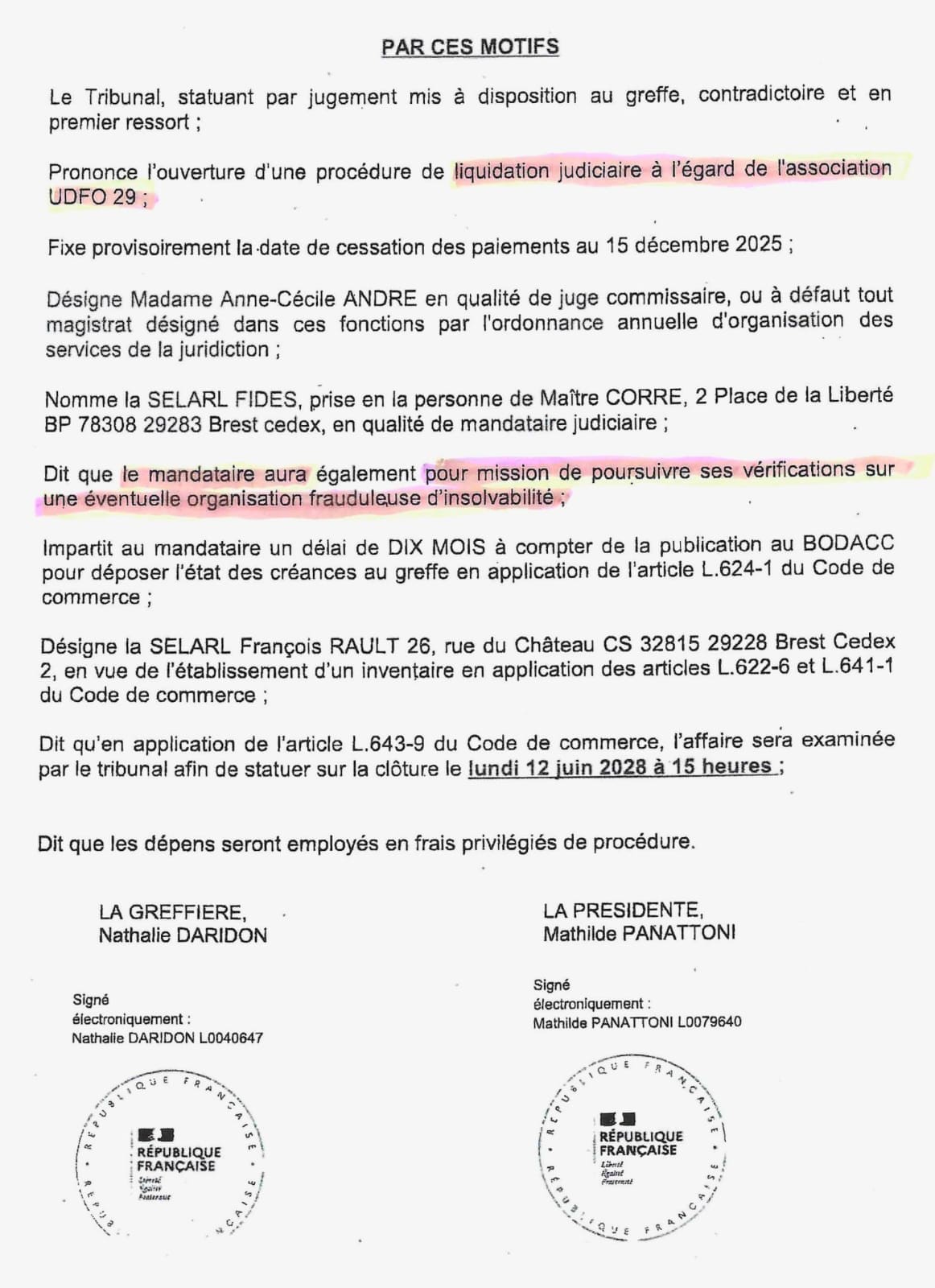 Extrait du jugement de liquidation judiciaire de l’UD FO 29